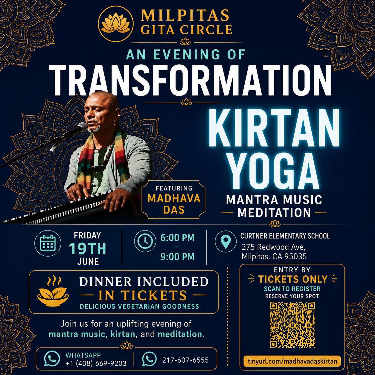An Evening of Transformation — Kirtan Yoga with Madhava Das, Friday June 19, Curtner Elementary School, Milpitas